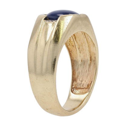 10K Gold Oval Blue Star Stone Cabochon With Round Diamond Accents Cocktail Ring