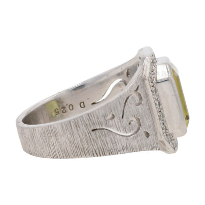 Platinum Emerald Cut Sphene With Diamond Halo And Brushed Shank Cocktail Ring