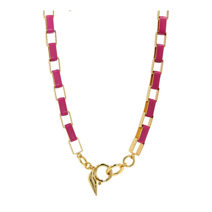 Gold Tone And Pink Leather Link Collar Necklace
