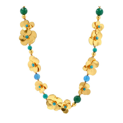 Gold Tone Turquoise Accents And Semi Precious Stones Flower Pendant Necklace