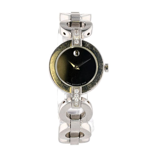 Silver-Tone Stainless Steel Bela Moda Watch W/ Black Dial & Diamond Accents
