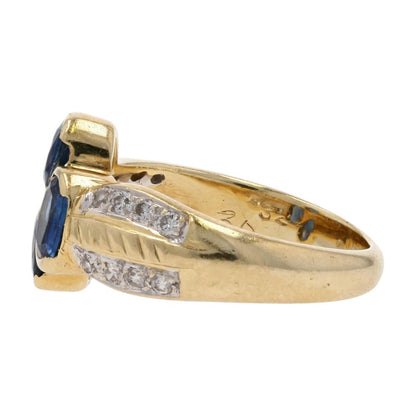14K Gold Oval Blue Center Stones With Diamond Accents Cocktail Ring