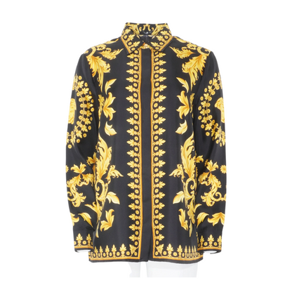 Black Baroque Printed Silk Long Sleeve Button Down