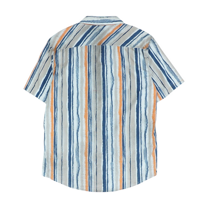 Beige Striped Short Sleeve Button Down