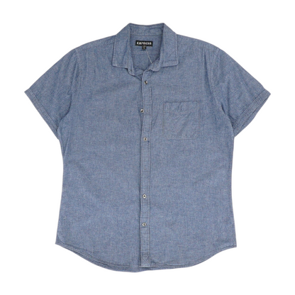 Blue Solid Short Sleeve Button Down