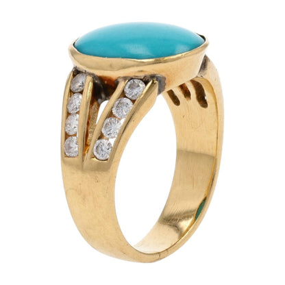 3/8 Ct 14K Gold Oval Blue Stone With Channel Set Round Diamond Cocktail Ring