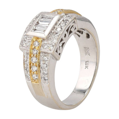 1 Ct 18K Two Tone Gold Bezel Set Three Stone Baguette Diamond With Halo Band