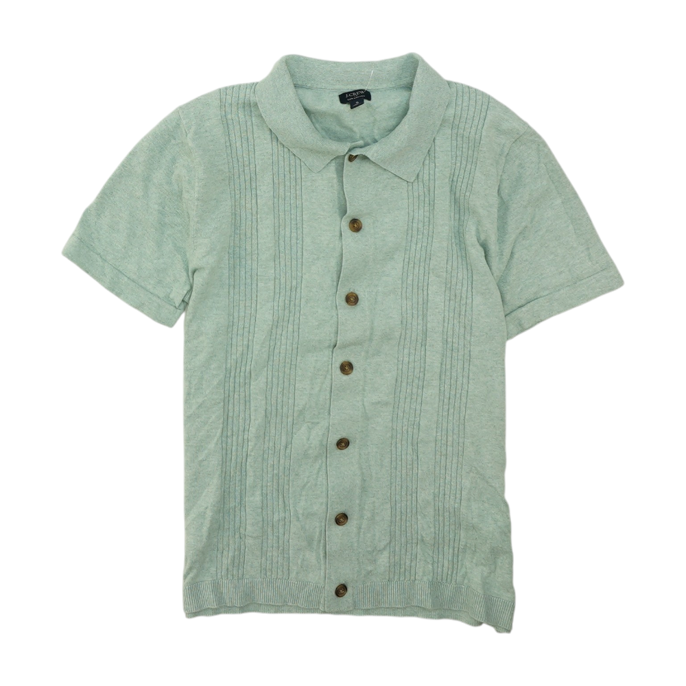 Green Solid Short Sleeve Button Down