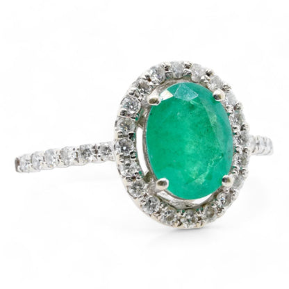 14K White Gold Oval Emerald With Diamond Halo Ring