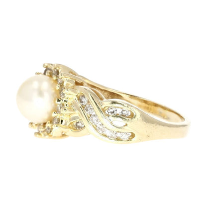 14K Gold Cultured Pearl With Round Diamond Halo And Shank Cocktail Ring
