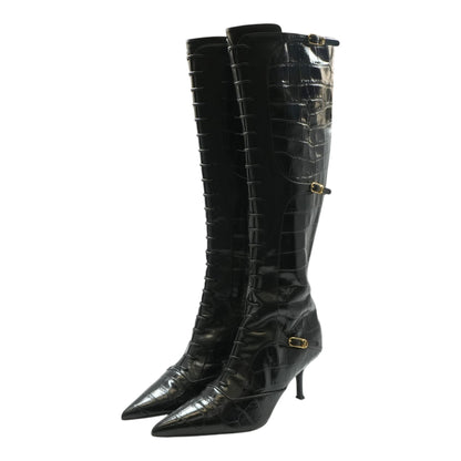 Black Pointed Lace-Up Boots with Crocodile Effect