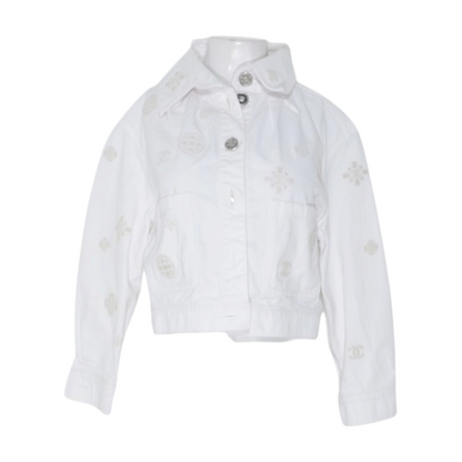 Spring 2021 White Embossed Interlocking CC & Camellia Accent Denim Jacket