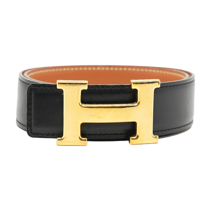 Black & Gold H Belt Buckle & Reversible Leather Strap 32 mm