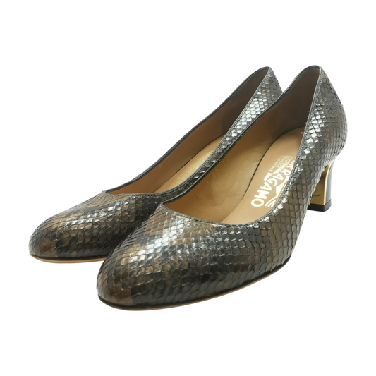 Brown Python Leather Block Heel Pumps