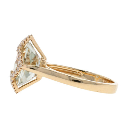 14K Gold Cushion Cut Prasiolite With Diamond Halo Cocktail Ring