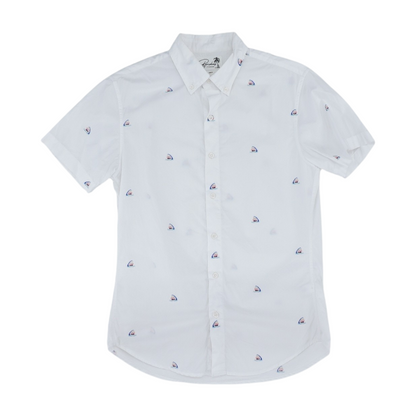 White Graphic Short Sleeve Button Down
