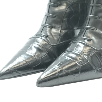 Black Pointed Lace-Up Boots with Crocodile Effect
