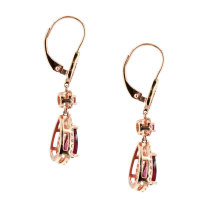 14K Rose Gold Pear Shaped Rhodolite Garnet With Diamond Halo Dangle Earrings