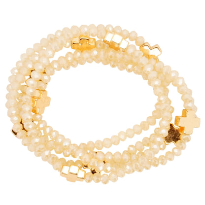 Gold Tone Cross Beige Stack Bead Bracelet