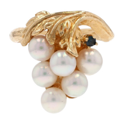 14K Gold Cultured Pearl With Sapphire Accent Vintage Style Grape Cocktail Ring