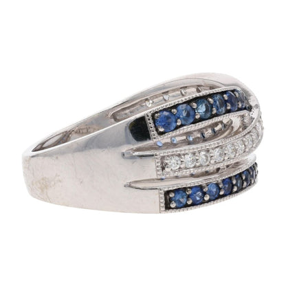 1/4 Ct 14K White Gold Round Diamond And Blue Stone Crossover Band
