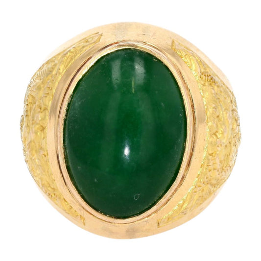 18K Gold Large Oval Green Stone Dragon Motif Signet Ring