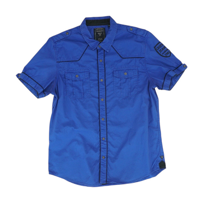 Blue Solid Short Sleeve Button Down