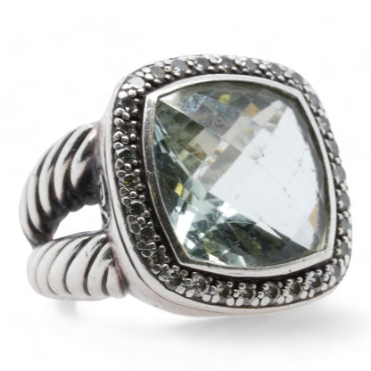Sterling Silver Albion Collection For Women Prasiolite And Diamond Pave Ring