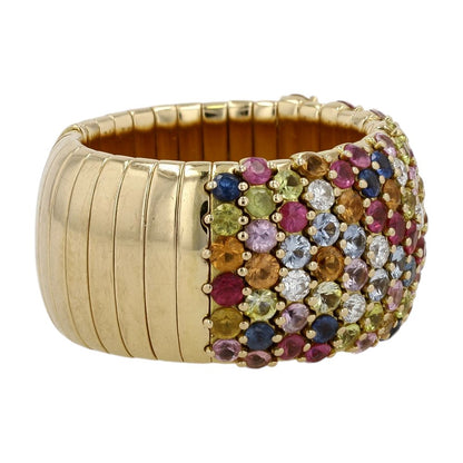 18K Rose Gold Multicolor Sapphires With Round Diamonds Wide Stretch Band