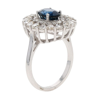 1 3/4 Ct 18K White Gold Oval Sapphire Center With Diamond Halo Cocktail Ring
