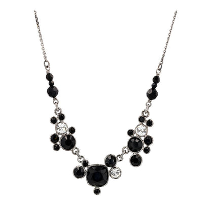 Silver Tone Black Stone And Crystal Pendant Necklace