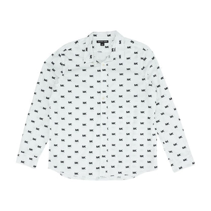 White Graphic Long Sleeve Button Down