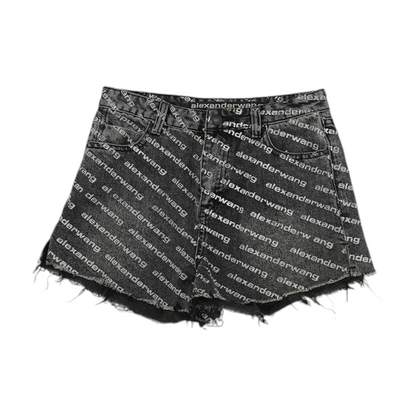 Black Print Denim Shorts