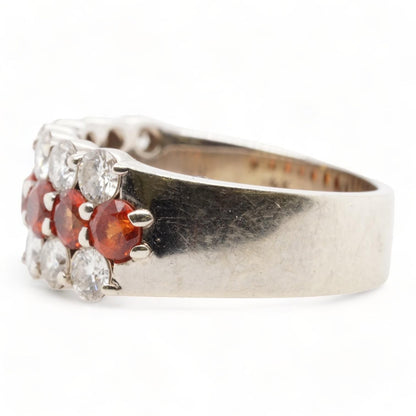 14K White Gold Three Round Row Diamond And Orange Stone Band