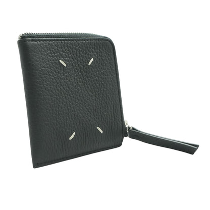 Black Grained Leather Four Stitches Zip Wallet