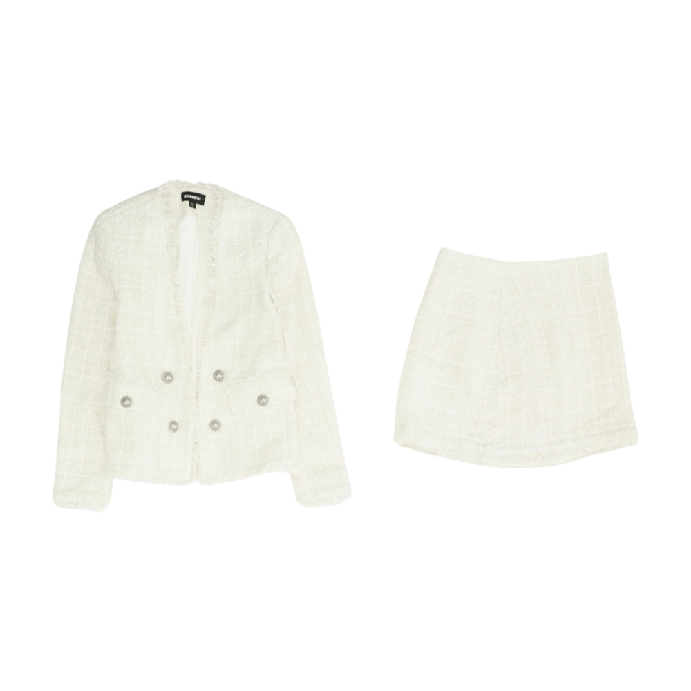 Beige Plaid Skirt Suit Set