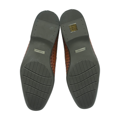 Brown Hyde Woven Leather Penny Loafers