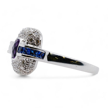 18K White Gold Amethyst Ring With Pave Diamond Halo And Blue Sapphire Accents