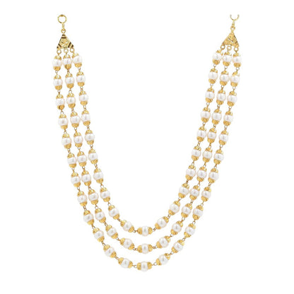 22K Gold Diamond Cut Beads With Three Strand Cultured Pearl Links Necklace