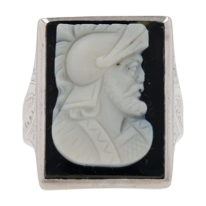 14K White Gold Trojan Cameo Signet Ring