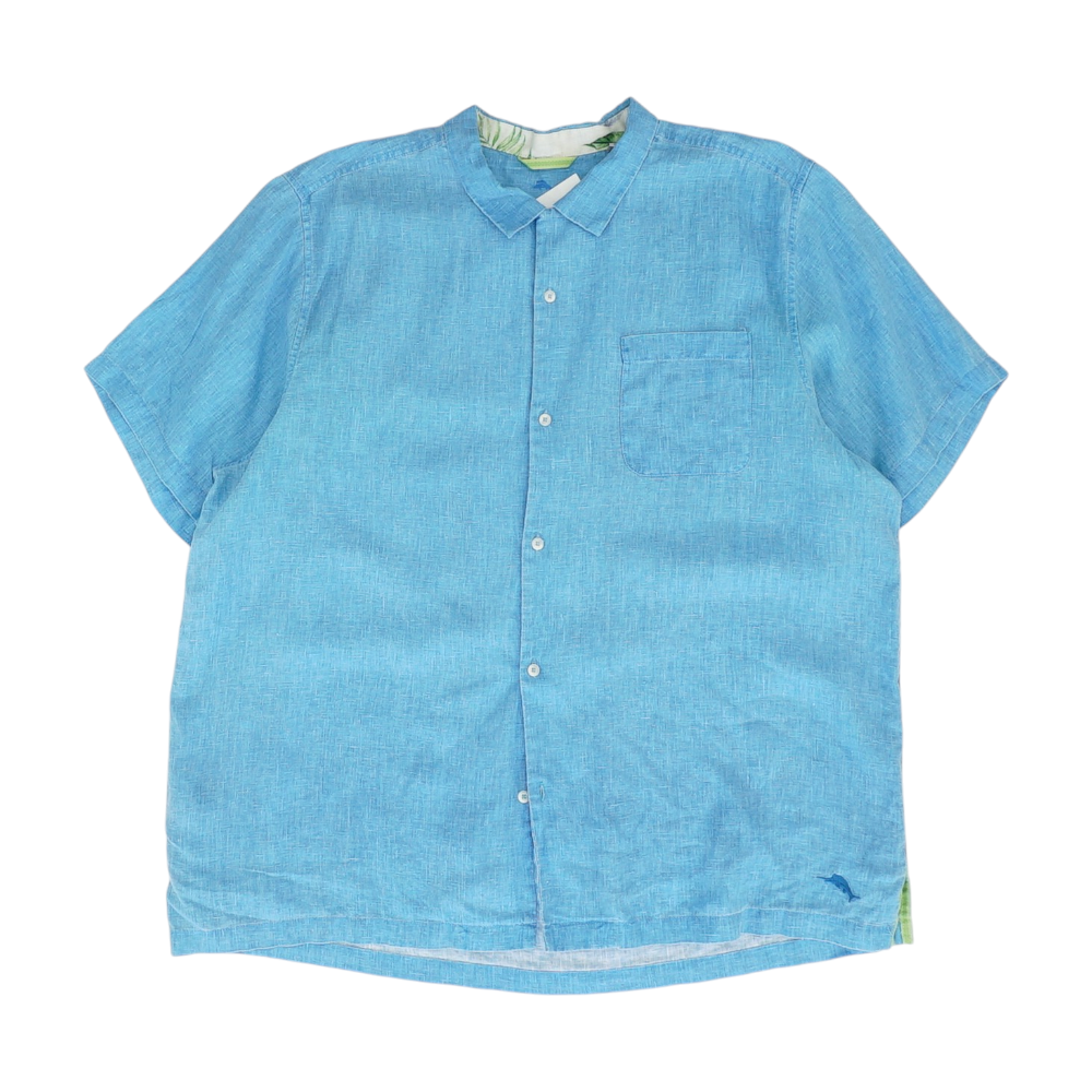 Blue Solid Short Sleeve Button Down