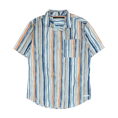 Beige Striped Short Sleeve Button Down