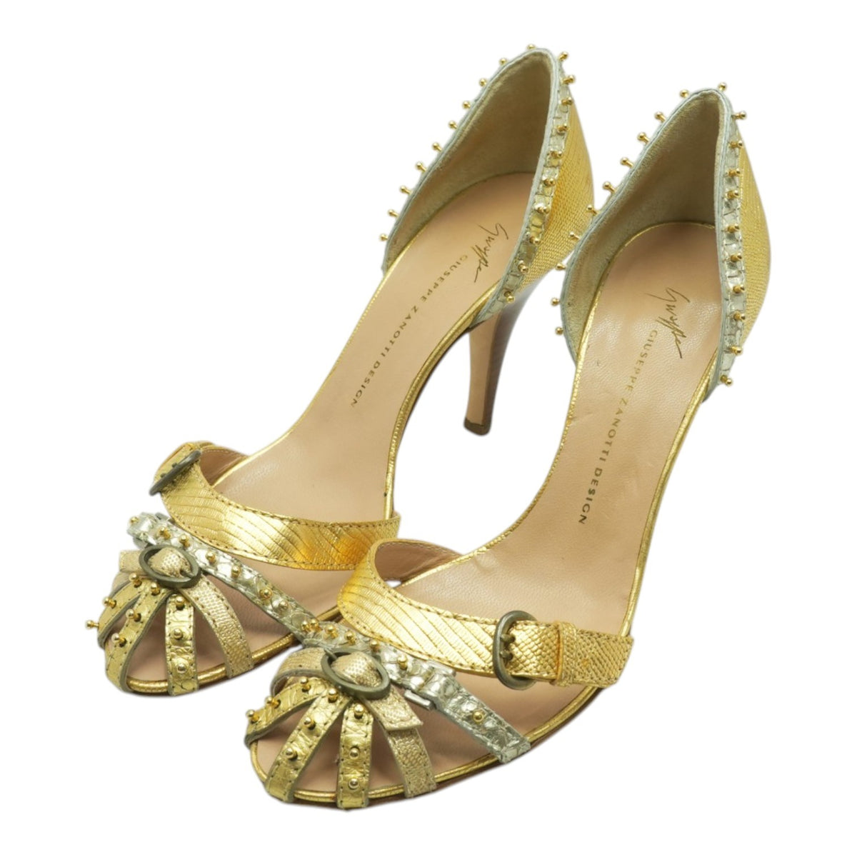 Giuseppe Zanotti Gold Strappy Studded Heels – Image 1