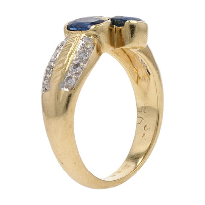 14K Gold Oval Blue Center Stones With Diamond Accents Cocktail Ring