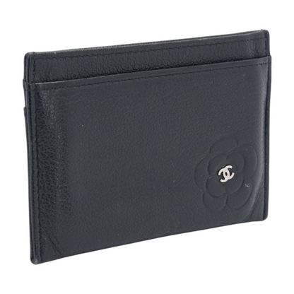 CC Camellia Embossed Leather Card Holder in Black