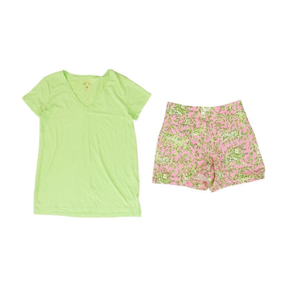 Green V Neck T-Shirt and Floral Shorts Set
