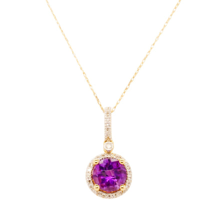 14K Gold Round Amethyst With Diamond Halo Pendant Necklace