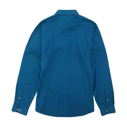 Blue Solid Long Sleeve Button Down