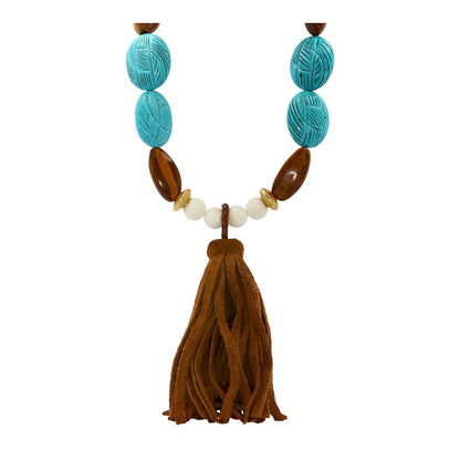 White Coral With Blue Stone Beads And Leather Tassel Necklace