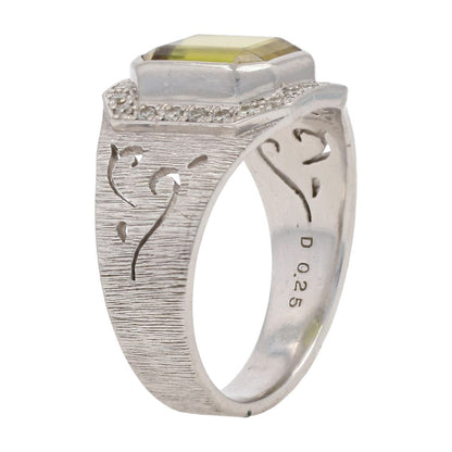 Platinum Emerald Cut Sphene With Diamond Halo And Brushed Shank Cocktail Ring